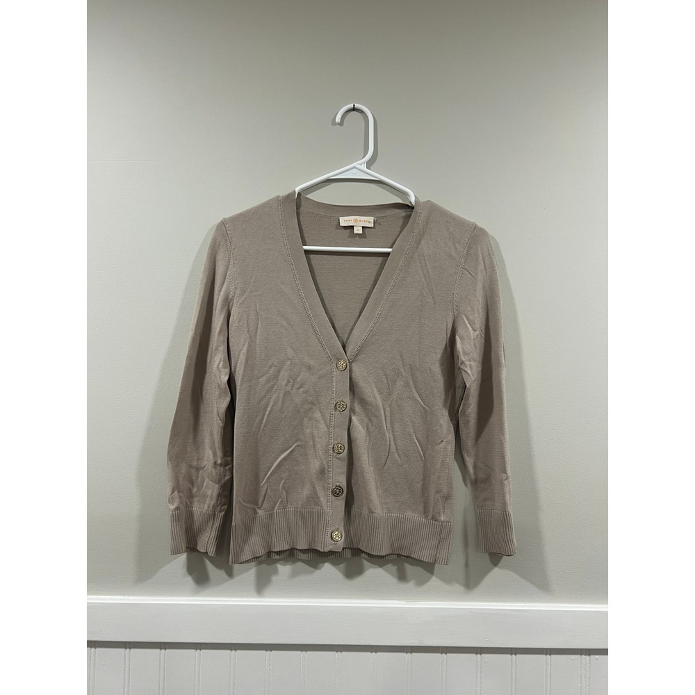 Tory Burch V-neck Cardigan Button Up Workwear Preppy Taupe Women Size XS